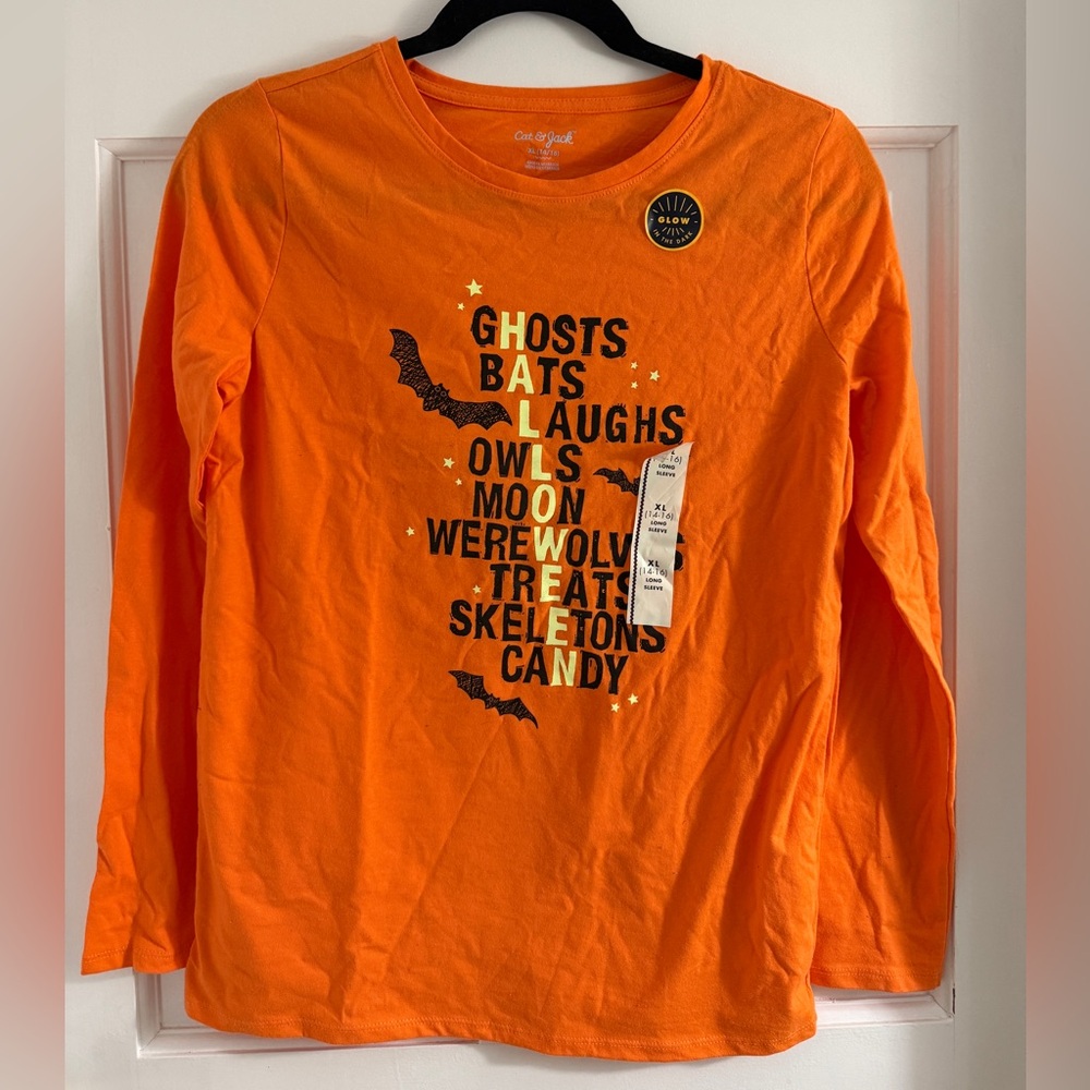 Cat & Jack Girls XL 14-16 Halloween Shirt Orange Long Sleeve Top Glow in Dark